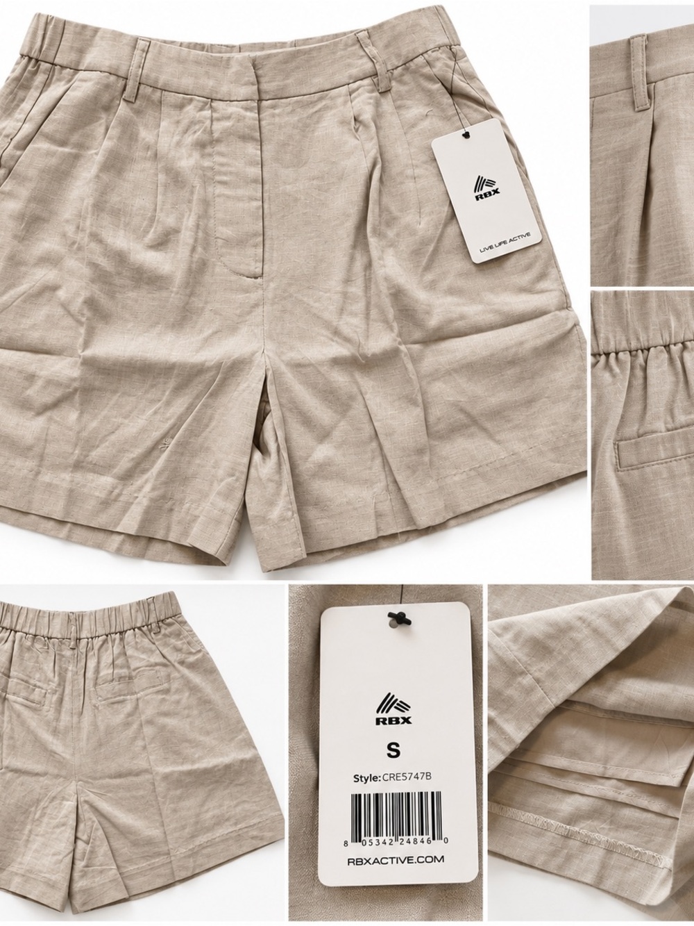 RBX High-Waist Pleated Tan Shorts Linen NWT Small Beige